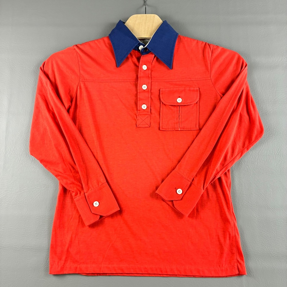 VTG Kmart Men Medium Red Navy Blue Colorblock Long Sleeve Polo Shirt 70s 80s